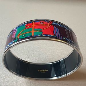 Hermes Bracelet Multicolor Enamel Equestrian Quadridge Print Wide Bangle